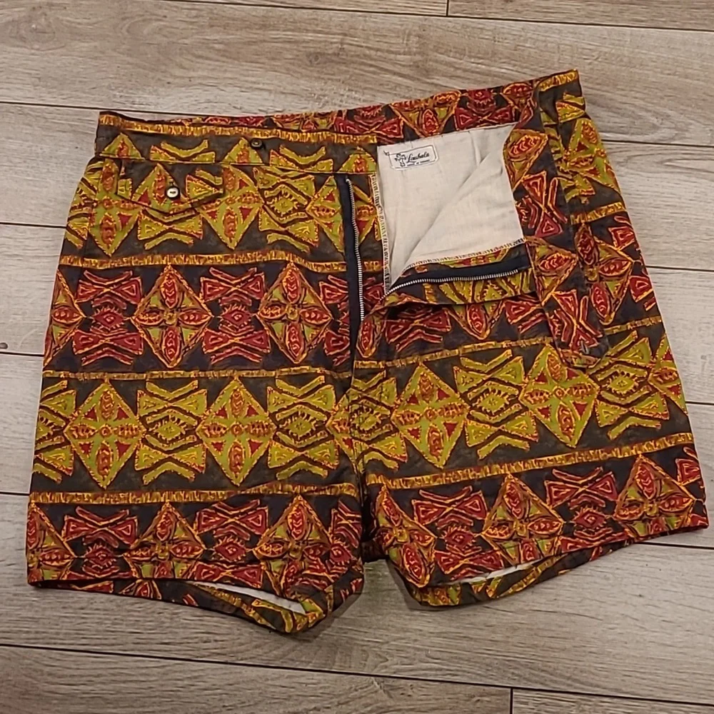 LAUHALA Hawaiian Brown Red Green Tiki 33 Mens Casual Board‎ Shorts RARE VTG 50s